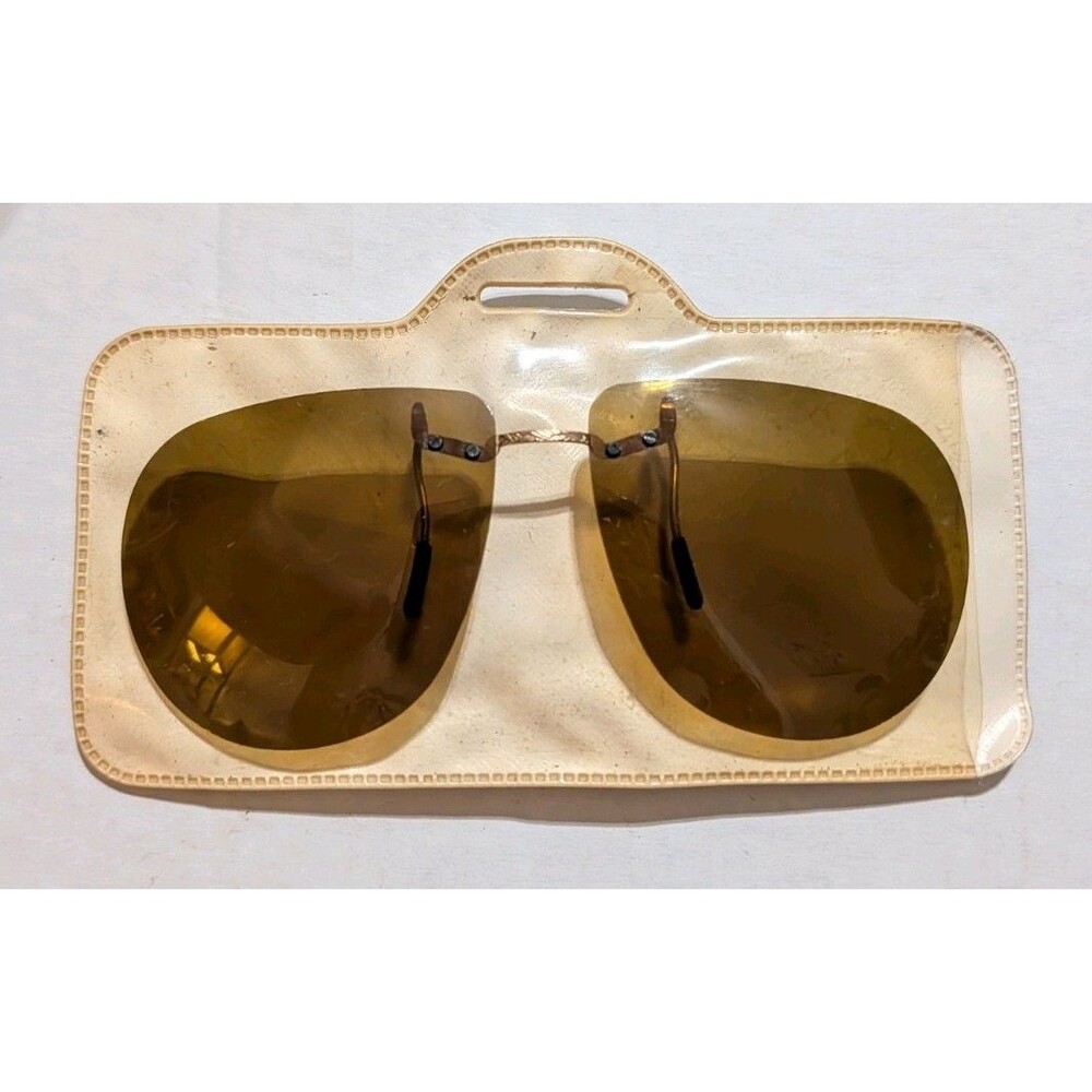 Vintage Steampunk Rimless Aviator Clip On Sunglasses Amber Brown Lenses Case